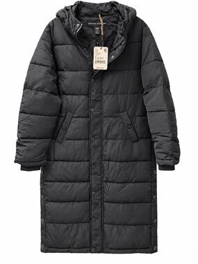Long Black Puffer Coat with Hood - Women